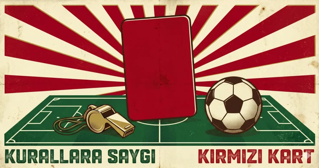 Futbol kuralları temalı vintage afiş: kırmızı kart, altın düdük ve futbol topu, Kurallara Saygı ve Kırmızı Kart yazılı