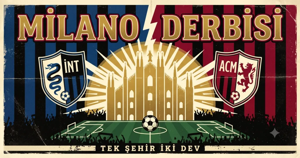 Milano derbisi vintage afişi: mavi-siyah ve kırmızı-siyah, ortada Milano Duomo