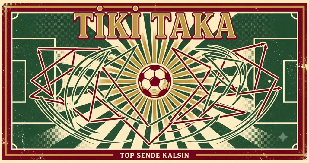 Tiki taka vintage İtalyan futbol afişi: merkez top ve kısa pas üçgenleri ağı